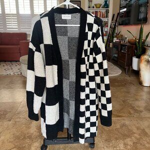First Love Checkered Open Front Long Sleeve Cardigan